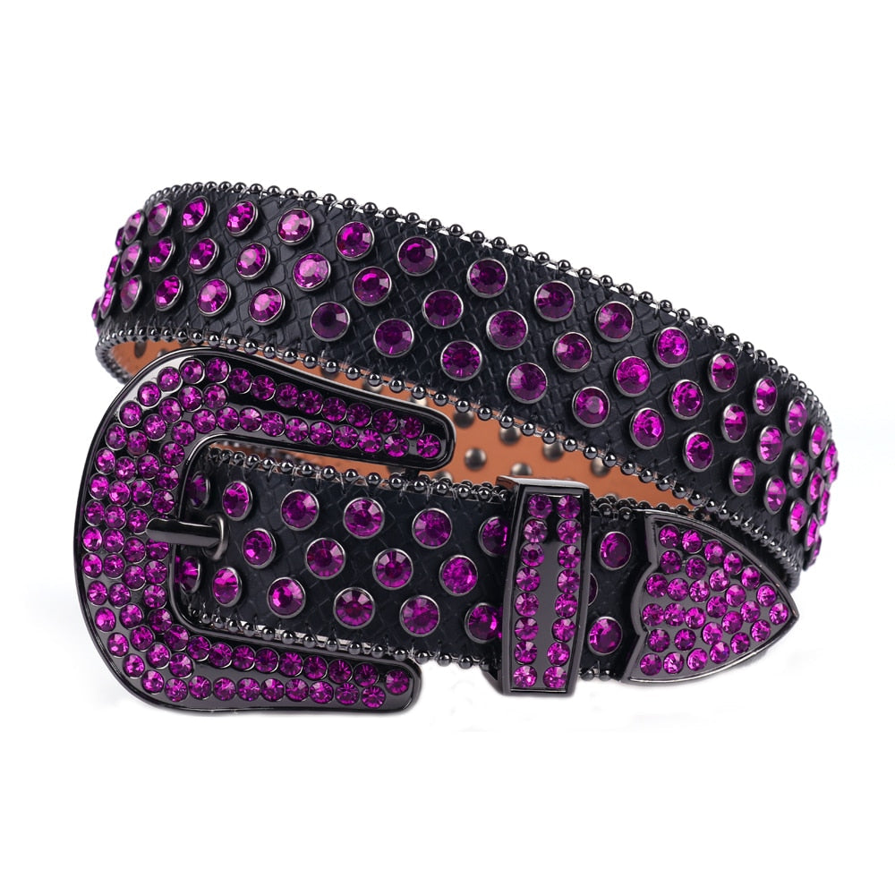 Stilrent diamantbelte, unisex, med imitert skinn og glitrende strassdetaljer.