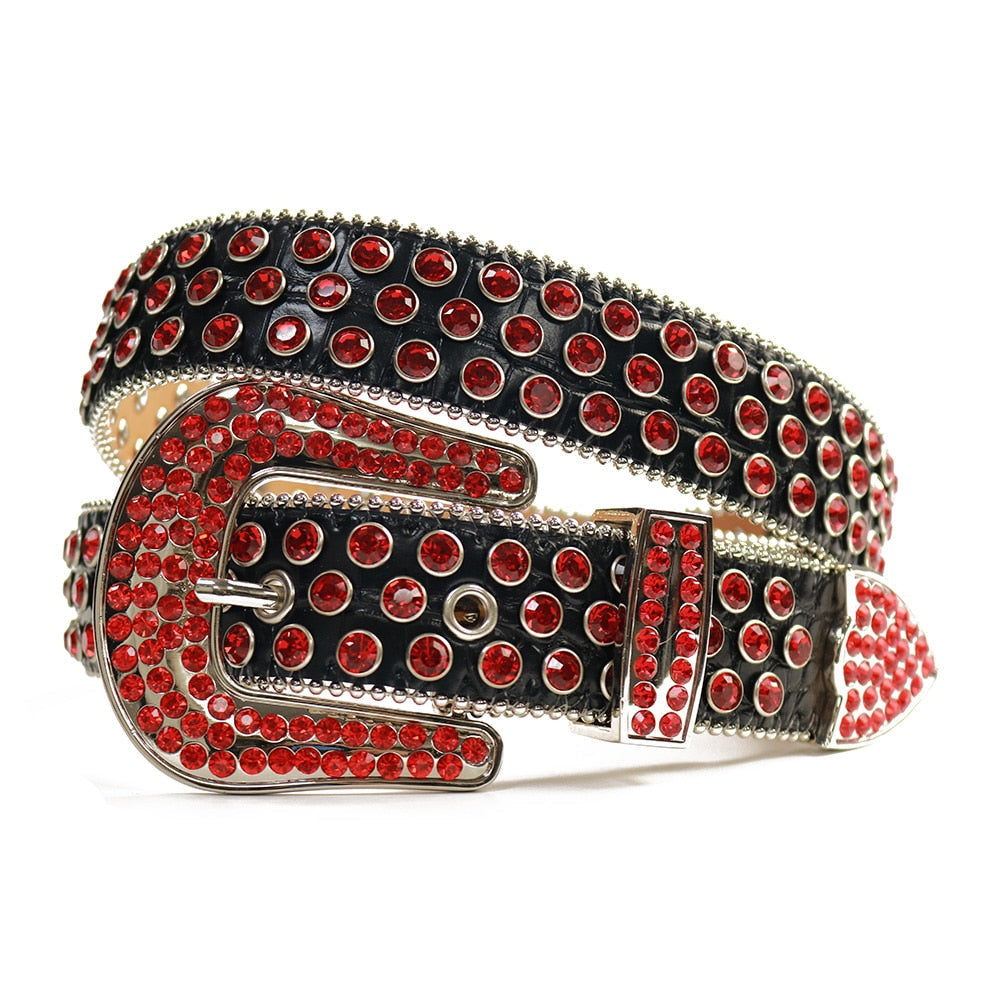 Svart diamantbelte med rhinestones, unisex modell som passer til både vestlig og punkstil.
