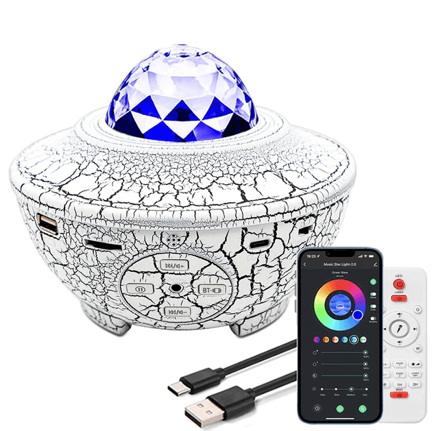 Unisex galakseprojektor med fjernkontroll og Bluetooth-høyttaler, projiserer stjerner og tåker i rommet.