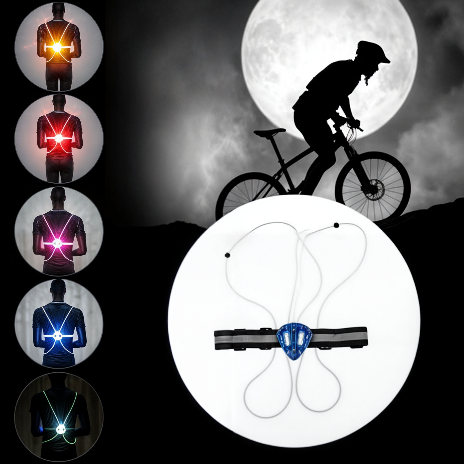Høy-synlighet LED refleksvest designet for løpere, syklister og turgåere, sikrer trygghet om natten.