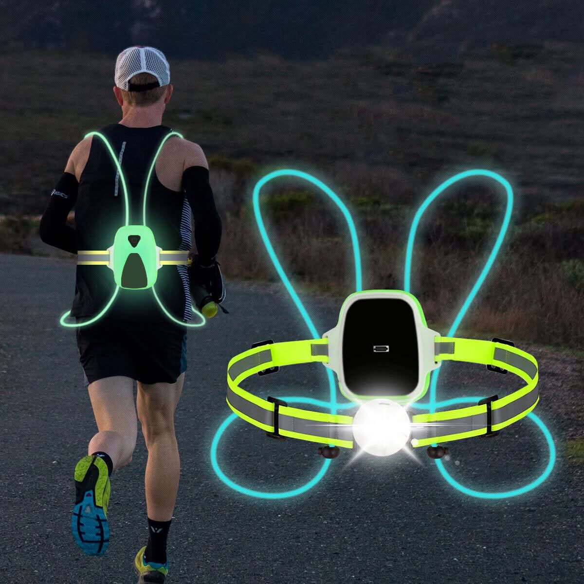 Unisex LED-sikkerhetsvest vist fra baksiden med tydelige LED-striper, ideell for sykling