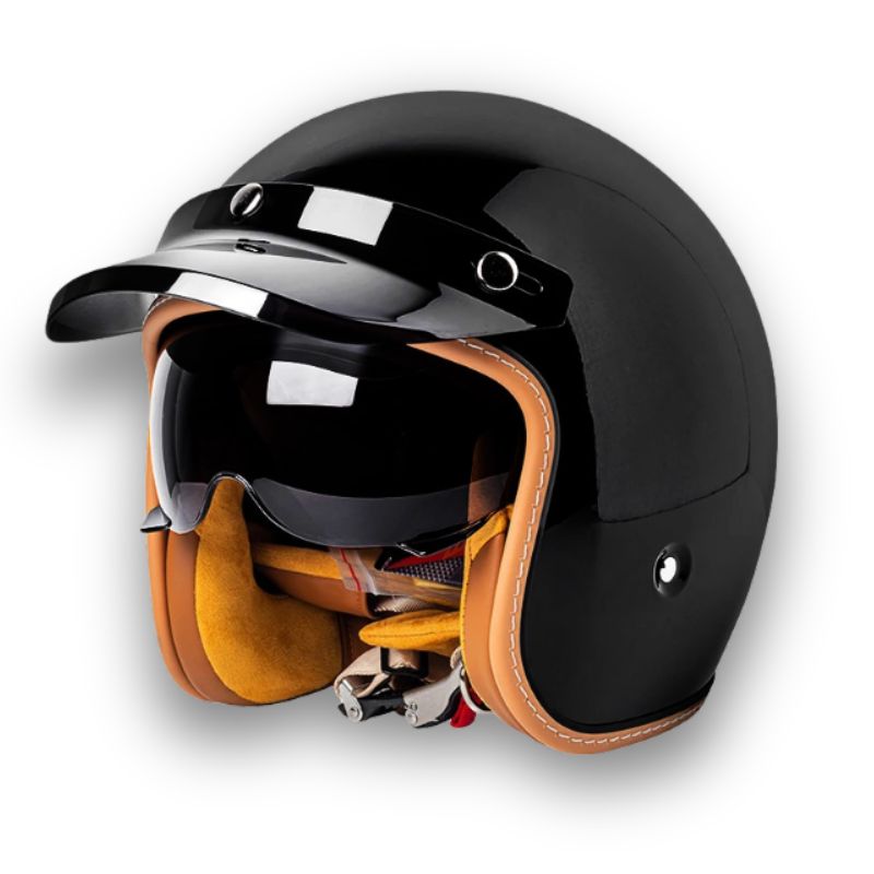 DOT/ECE-sertifisert motorsykkelhjelm, unisex, med visir og klassisk retrostil.