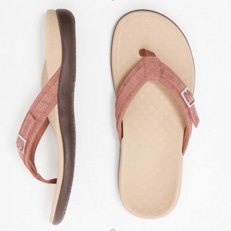 Nærbilde av sålen på ortopediske flip-flops, viser sklisikker funksjon. Komfortsko unisex.