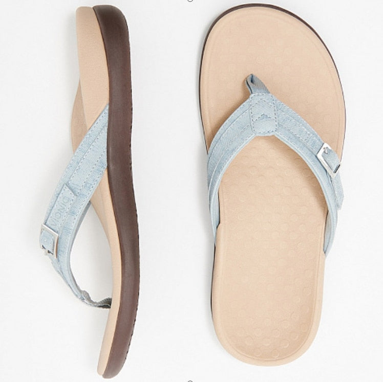 Et par unisex ortopediske flip-flops i blått. Ideelle sommersko med fotstøtte.