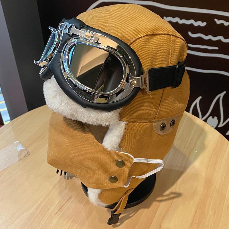 Unisex pilotlue med briller, svart fuskepels, varm trapperhatt, retro stil, vintersport