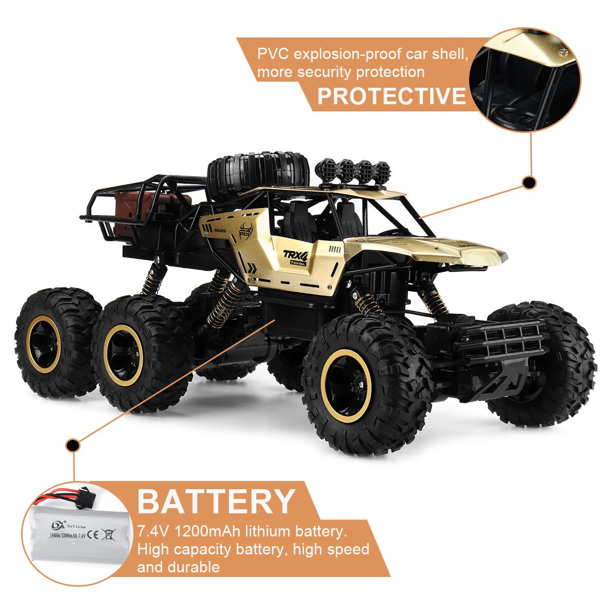 Fjernstyrt kjøretøy: svart monstertruck med oransje detaljer, 6-hjul og klare LED-lys for tøffe løp.