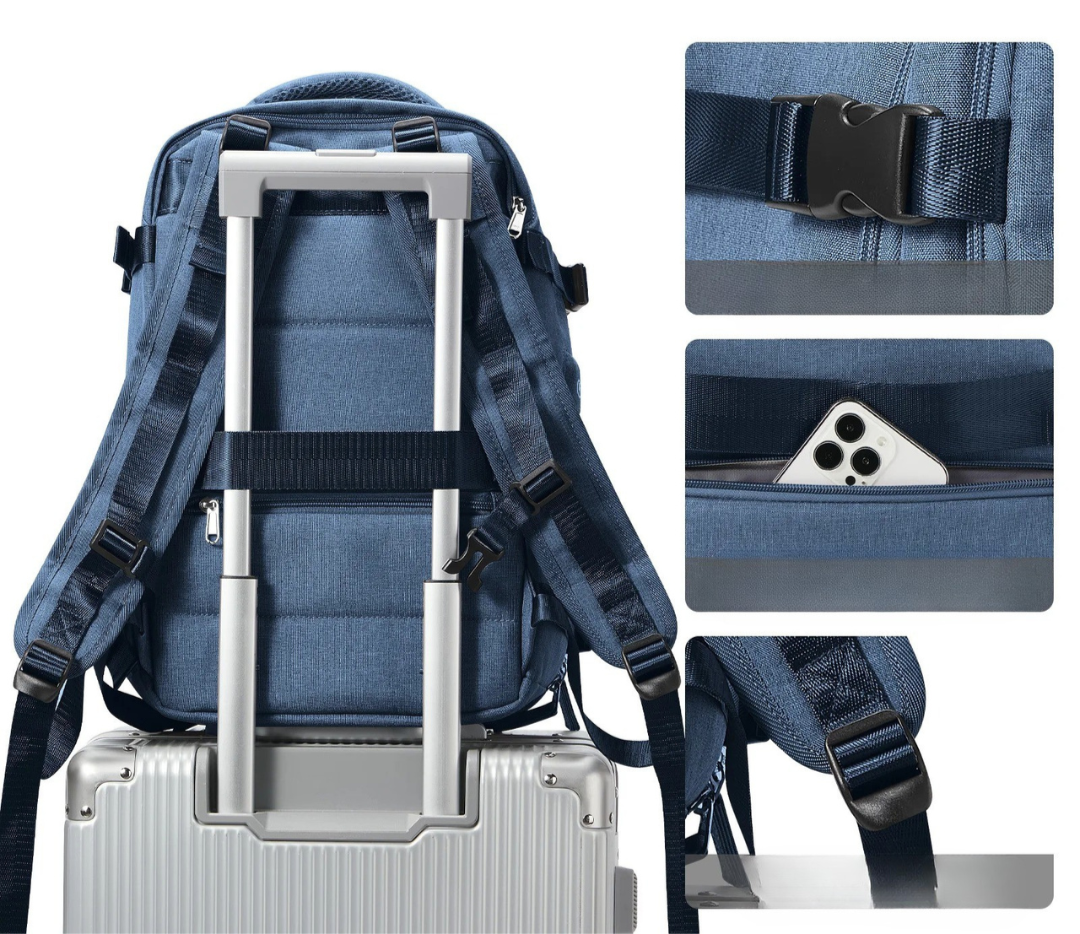 Romslig unisex håndbagasje ryggsekk for flyreiser og turer til hytta, med god plass.