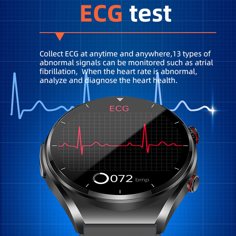 Unisex smartklokke med EKG, blodsukker, puls, aktivitetstracker. Vanntett for allsidig helseovervåking.
