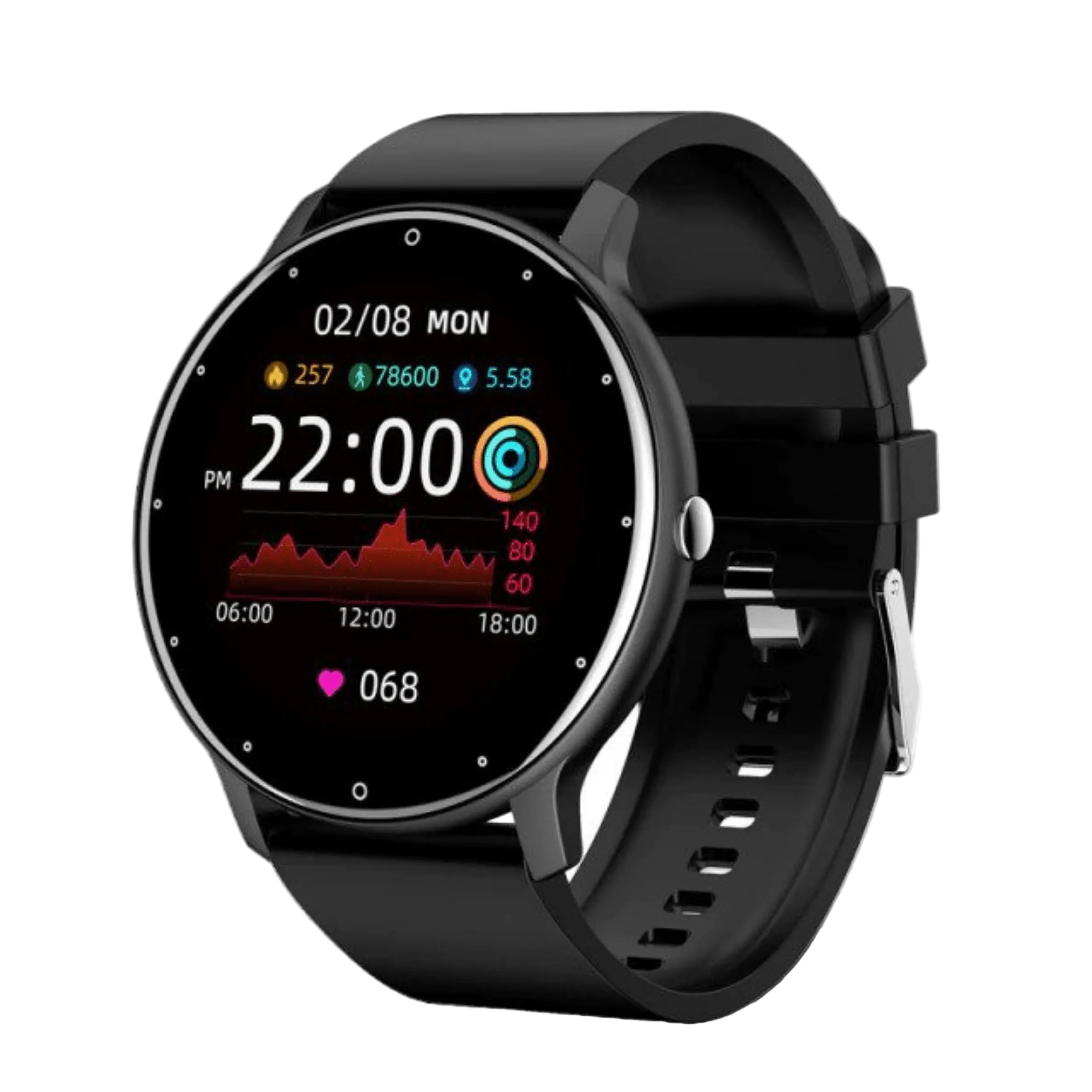 Unisex smartklokke med svart silikonrem, digital berøringsskjerm, Bluetooth for aktivitet og helseovervåking.