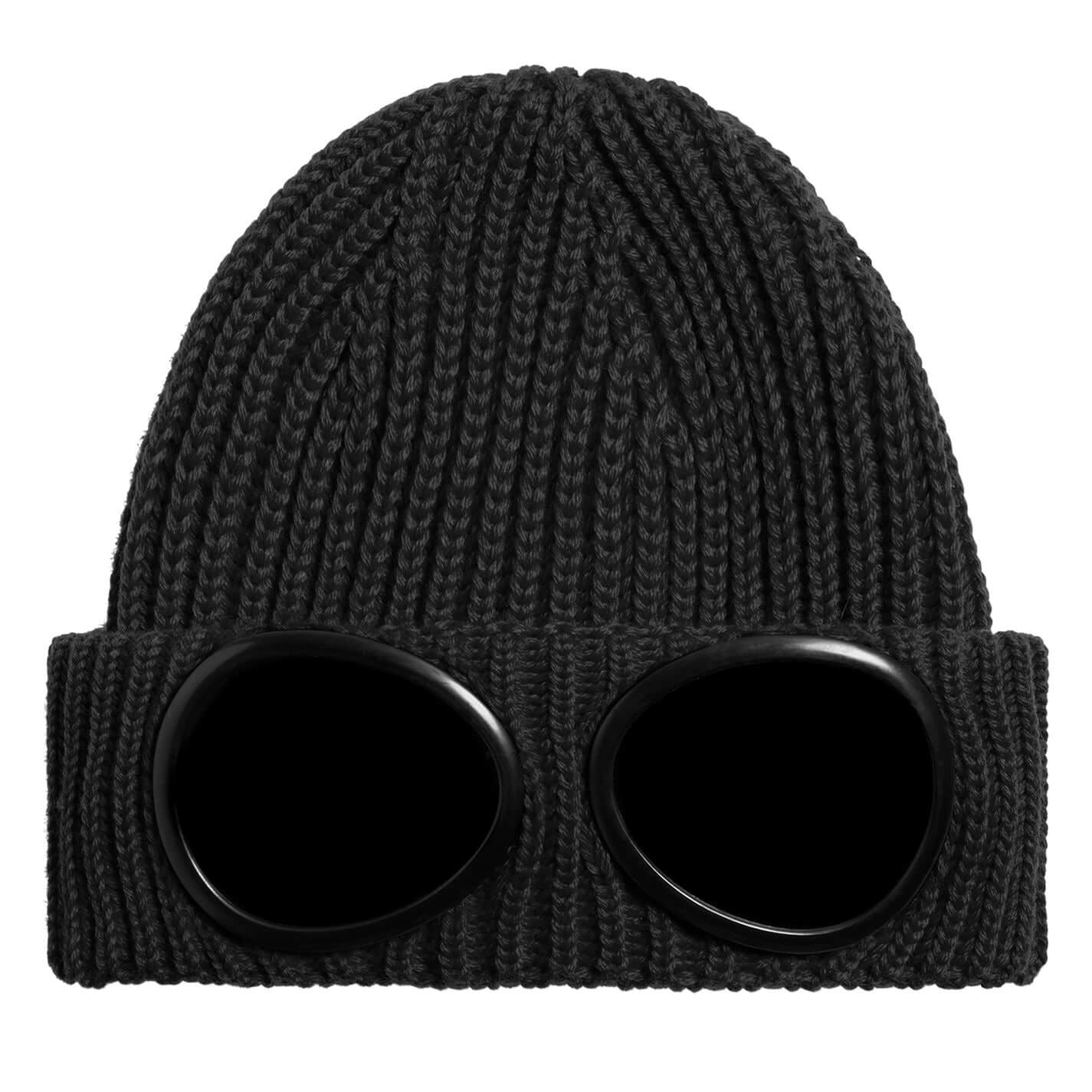 Produktbilde av unisex strikkelue med briller, viser funksjonelle detaljer og god kvalitet for vinterbruk.