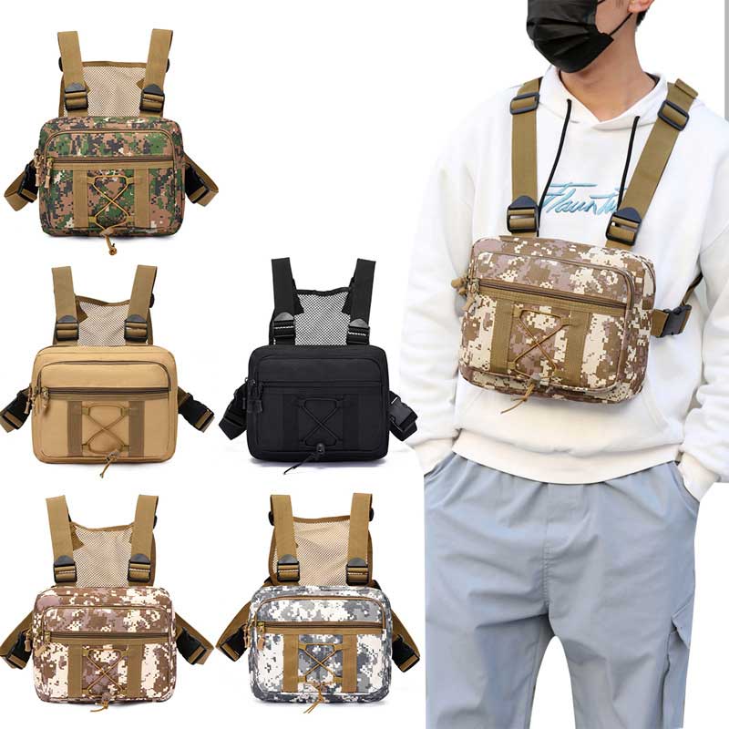 Unisex tactical chest bag in black, rugged design for travel and outdoor adventures.