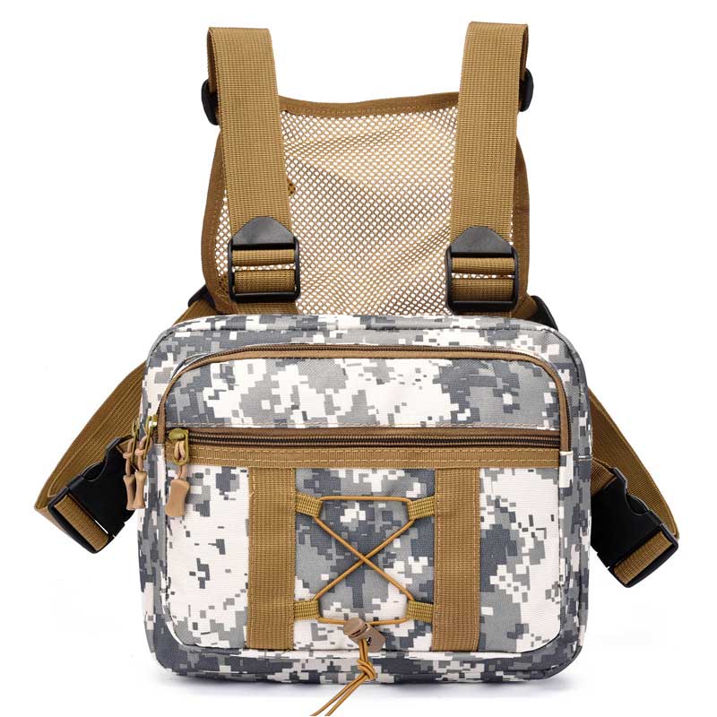 Detailed image of fabric texture on a military-green tactical chest bag, unisex model.