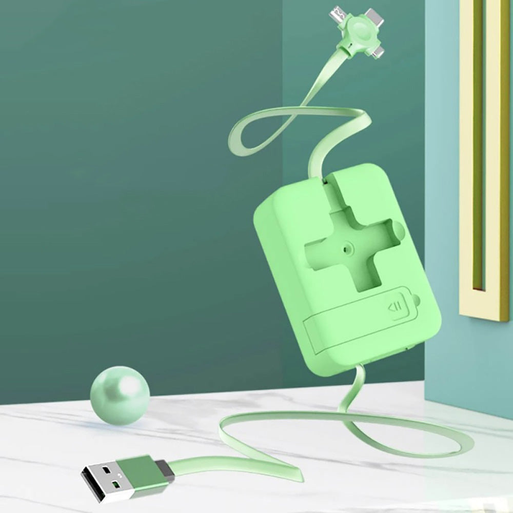 Plassbesparende teleskopisk ladekabel, inkludert holder til smarttelefon, universal.
