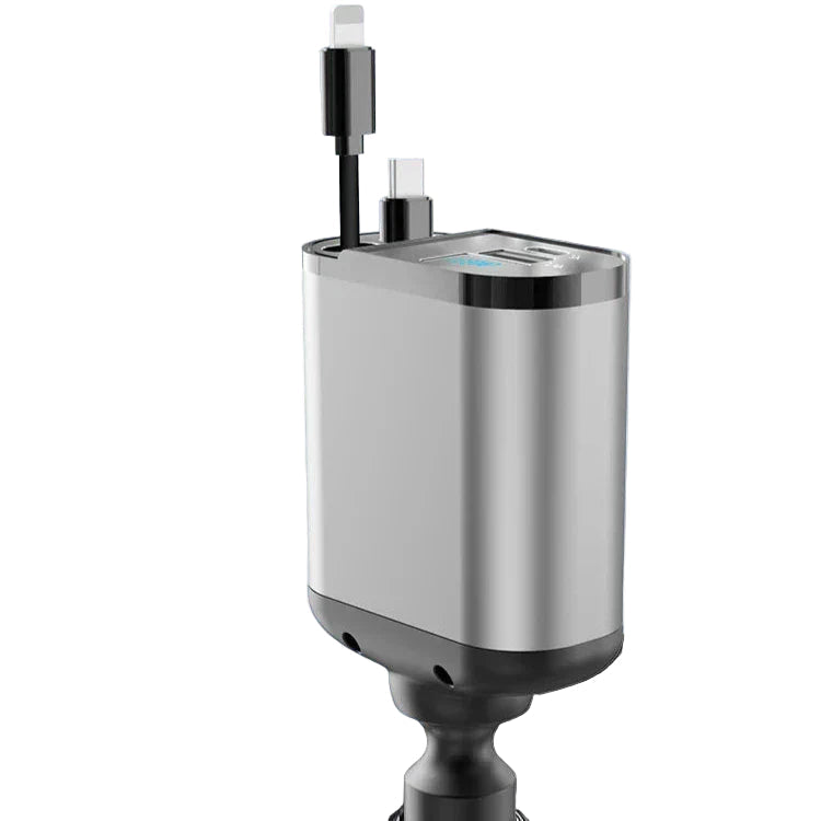 Universal 4-i-1 billader med uttrekkbare kabler for mobil, USB og hurtiglading i bil. Perfekt reiseutstyr.