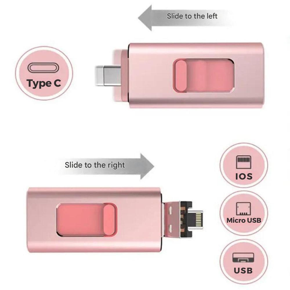 Kompakt 4-i-1 USB-minnepinne med Lightning, USB-C for mobil/PC. iOS & Android kompatibel.