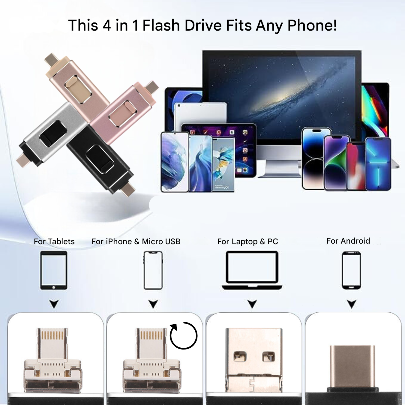 Mobil lagringsløsning: 4-i-1 flashdrive for rask filoverføring mellom iOS/Android. USB-C/Lightning.