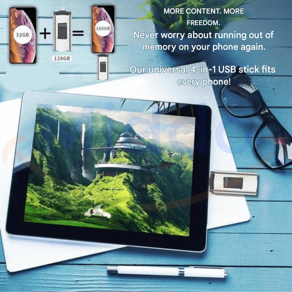 Universal 4-i-1 flashdrive for lynrask dataoverføring mellom alle enheter. iOS, Android, PC, USB-C, Lightning.