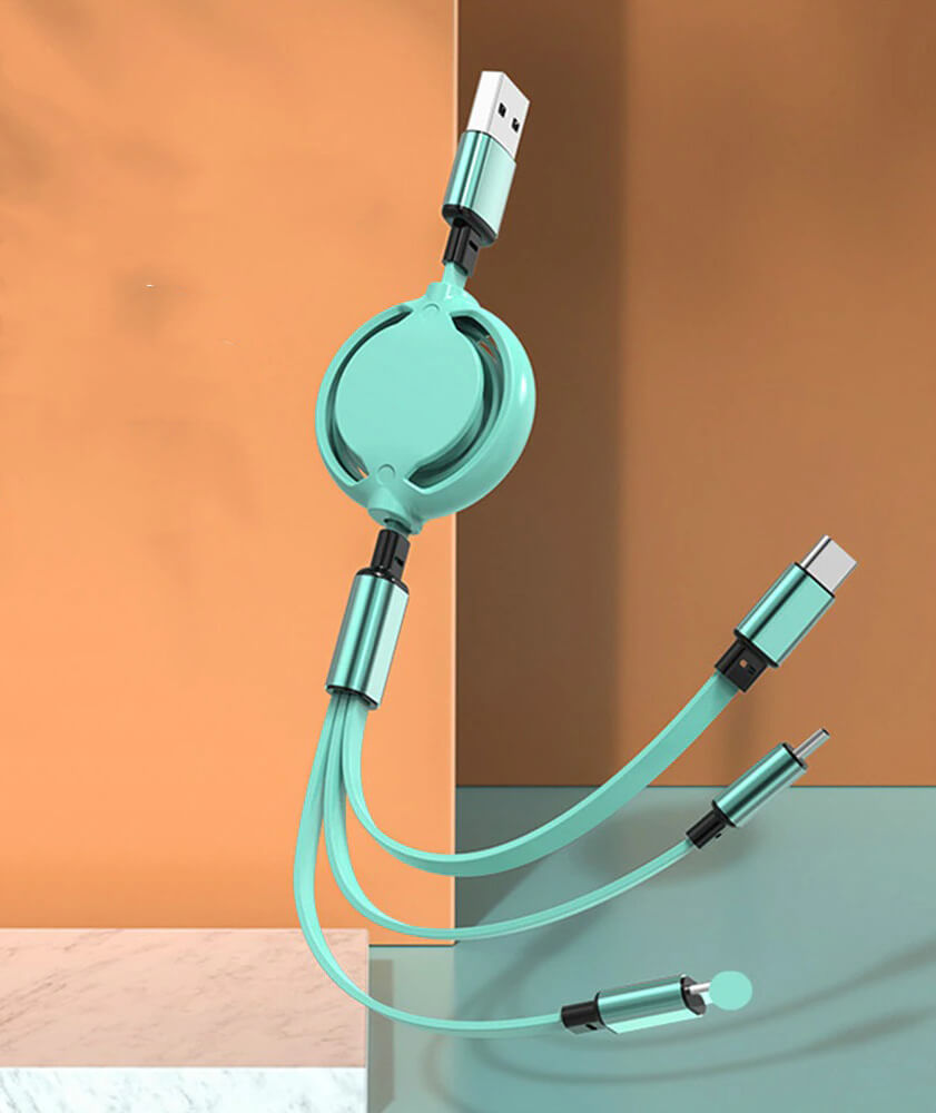 Bilde av en svart, uttrekkbar ladekabel, universal type for all elektronikk