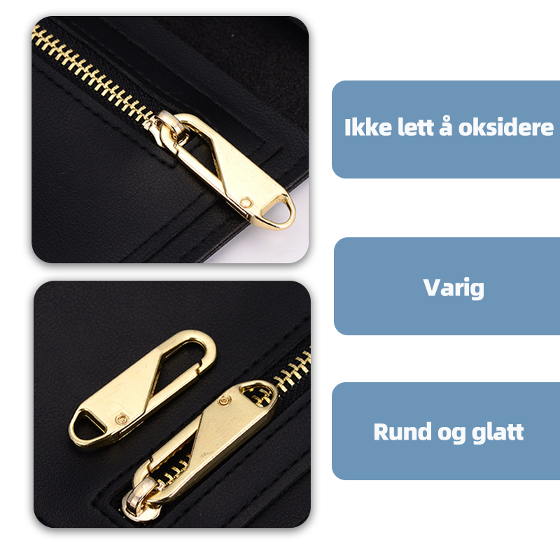 "Universalt metall glidelåshode i slitesterke farger, perfekt for jakker og vesker. Enkel installasjon, høy holdbarhet."