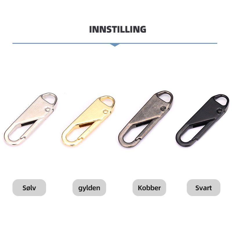 "Universalt metall glidelåshode i slitesterke farger, perfekt for jakker og vesker. Enkel installasjon, høy holdbarhet."