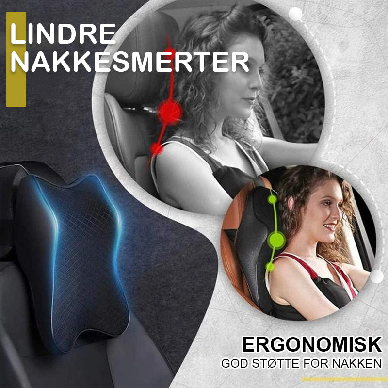 "Universell, komfortabel nakkepute for bilsete i mykt grått stoff, justerbar stropp for optimal nakke- og ryggstøtte."
