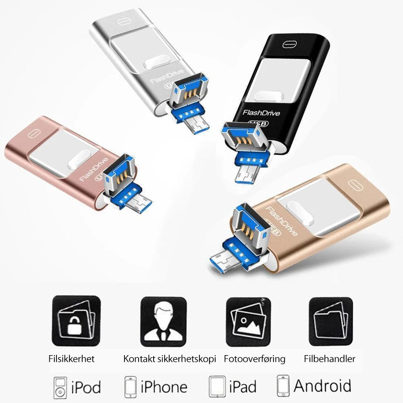 USB-minnepinne, sølv, til iPhone, iPad, Android; bærbar, rask sikkerhetskopi; kompakt design, USB 3.0-hastighet.