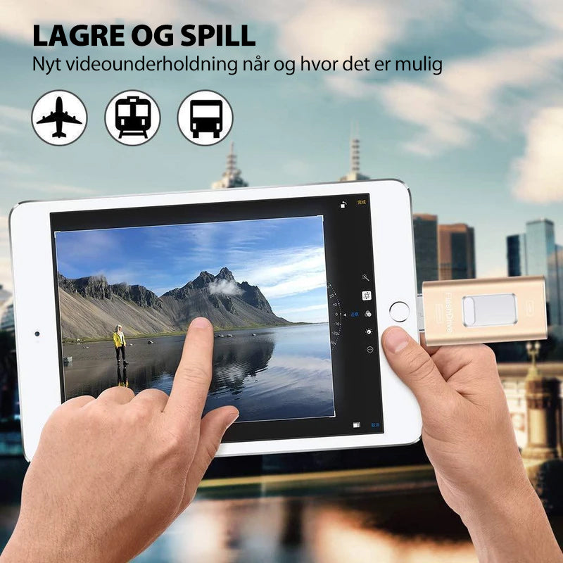 USB-minnepinne, sølv, til iPhone, iPad, Android; bærbar, rask sikkerhetskopi; kompakt design, USB 3.0-hastighet.