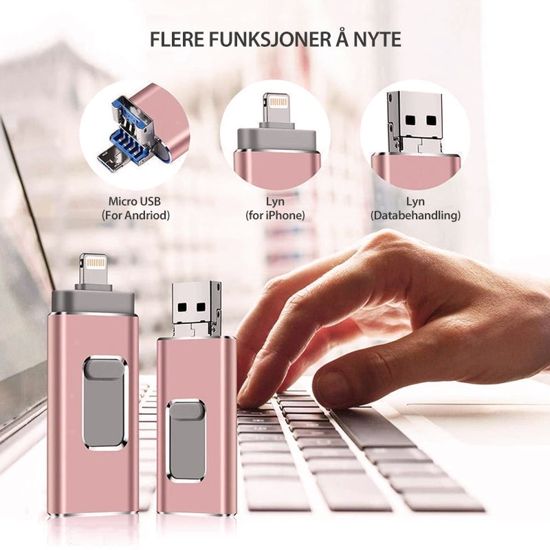 USB-minnepinne, sølv, til iPhone, iPad, Android; bærbar, rask sikkerhetskopi; kompakt design, USB 3.0-hastighet.
