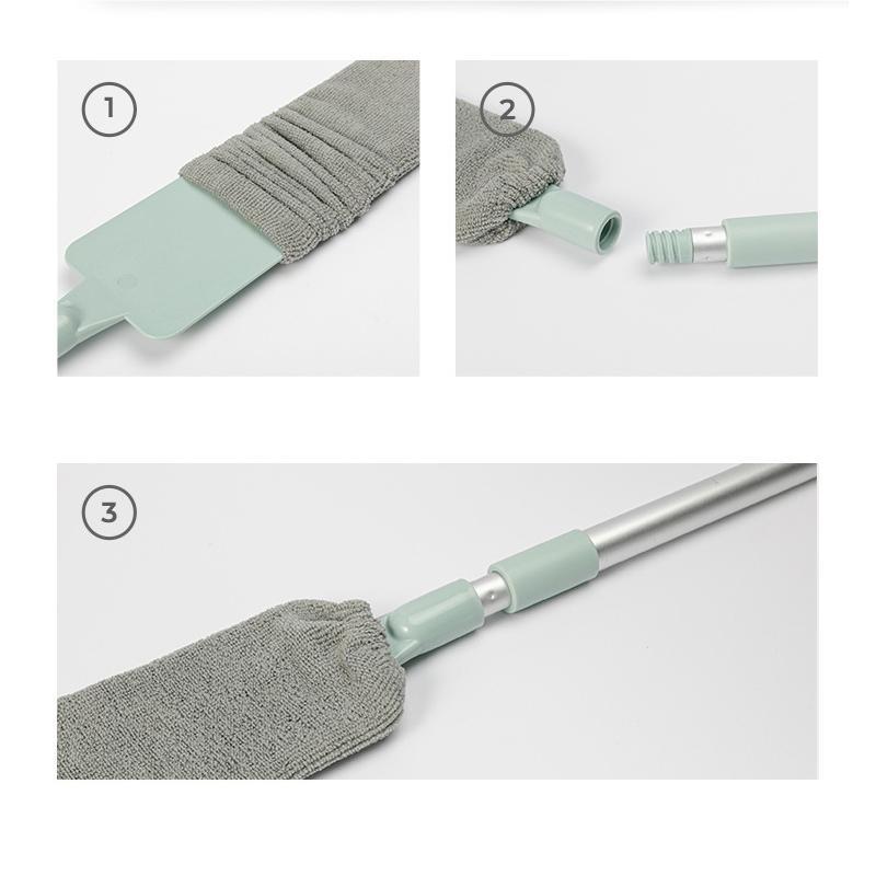 "Uttrekkbart støvrenser stativ med langt håndtak og mikrofiber; ideell for enkel rengjøring av støv og allergener."
