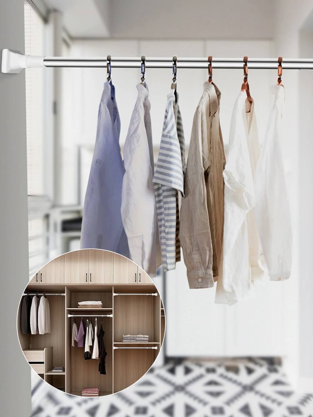 Solid klesstang i utvidbar aluminium, perfekt for effektiv organisering av klær i garderobe eller vaskerom.