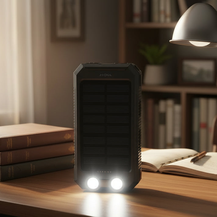 Bærbar lader: gul vanntett powerbank med solcellepanel, dobbel USB og LED lommelykt for reise