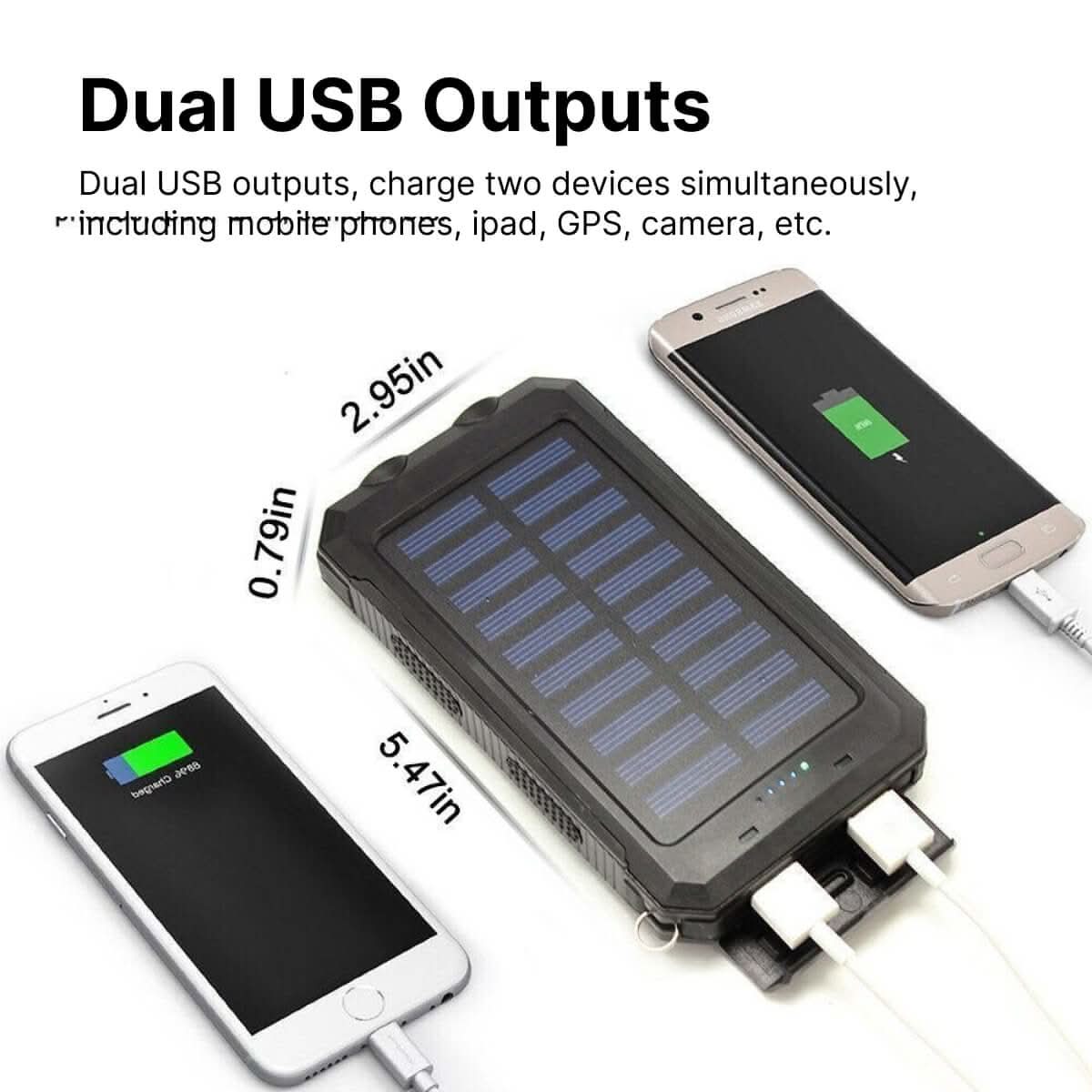 Detaljebilde av vanntett powerbank med solcellefunksjon, dobbel USB-port og karabinkrok for friluft