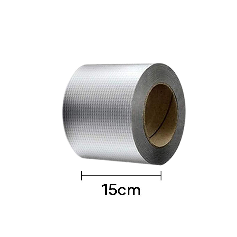 "Vanntett butylgummi tape, 5-15 cm bred, grå metalliceffekt for tetting og beskyttelse mot elementene."