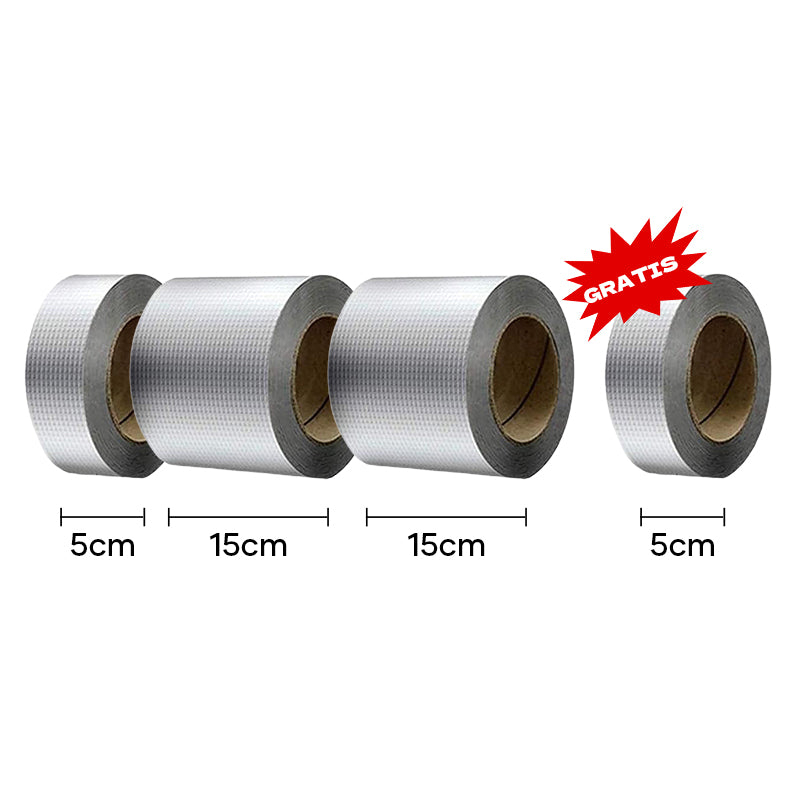 "Vanntett butylgummi tape, 5-15 cm bred, grå metalliceffekt for tetting og beskyttelse mot elementene."