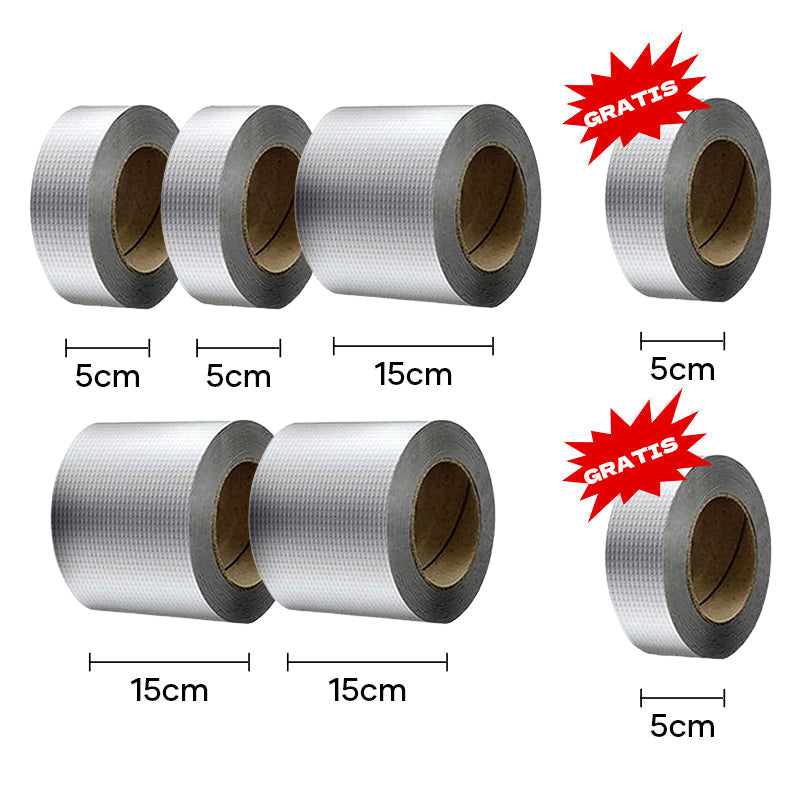 "Vanntett butylgummi tape, 5-15 cm bred, grå metalliceffekt for tetting og beskyttelse mot elementene."