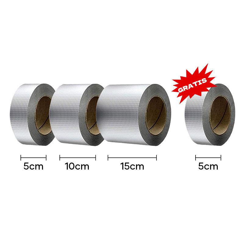 "Vanntett butylgummi tape, 5-15 cm bred, grå metalliceffekt for tetting og beskyttelse mot elementene."