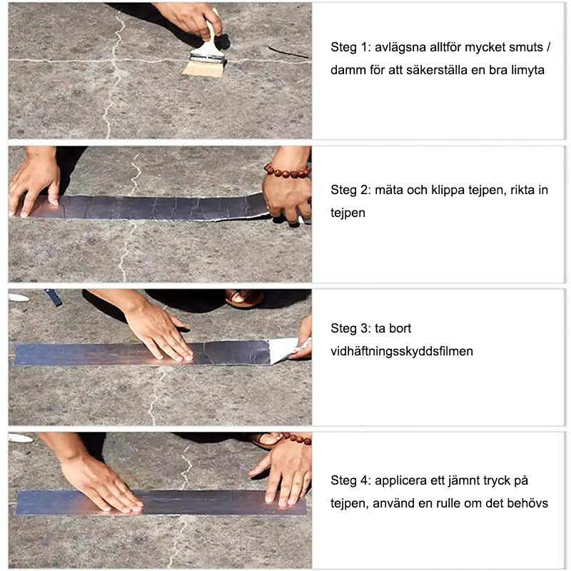 "Vanntett butylgummi tape, 5-15 cm bred, grå metalliceffekt for tetting og beskyttelse mot elementene."