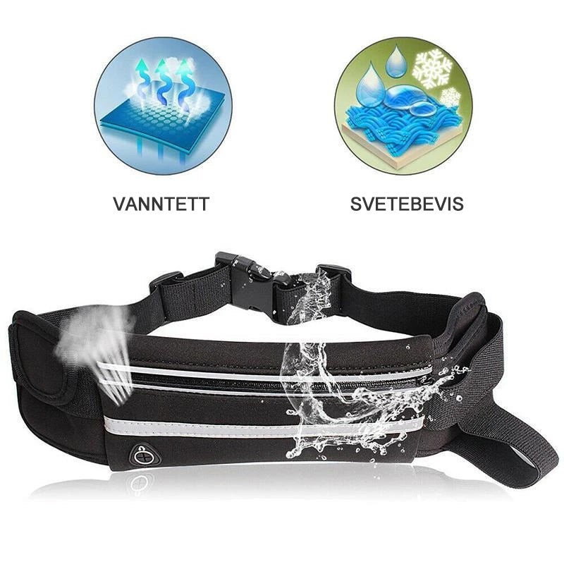 "Vanntett justerbar løpebeltesekk i sort lycra, perfekt for trening og oppbevaring av eiendeler, med stilfullt design."