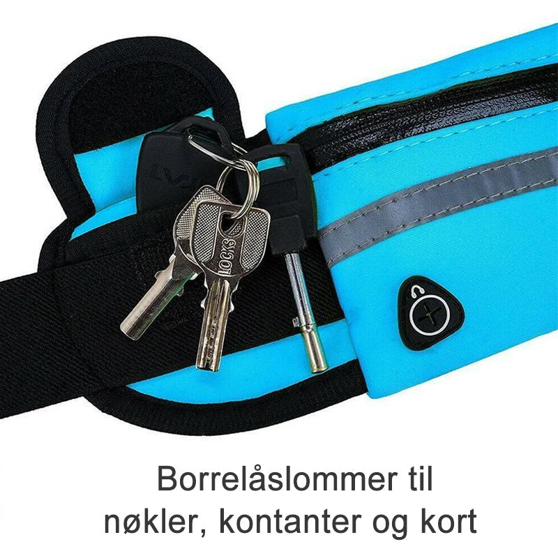 "Vanntett justerbar løpebeltesekk i sort lycra, perfekt for trening og oppbevaring av eiendeler, med stilfullt design."
