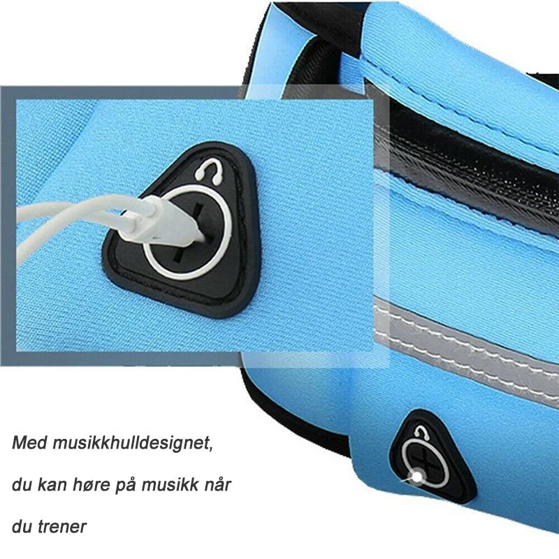 "Vanntett justerbar løpebeltesekk i sort lycra, perfekt for trening og oppbevaring av eiendeler, med stilfullt design."