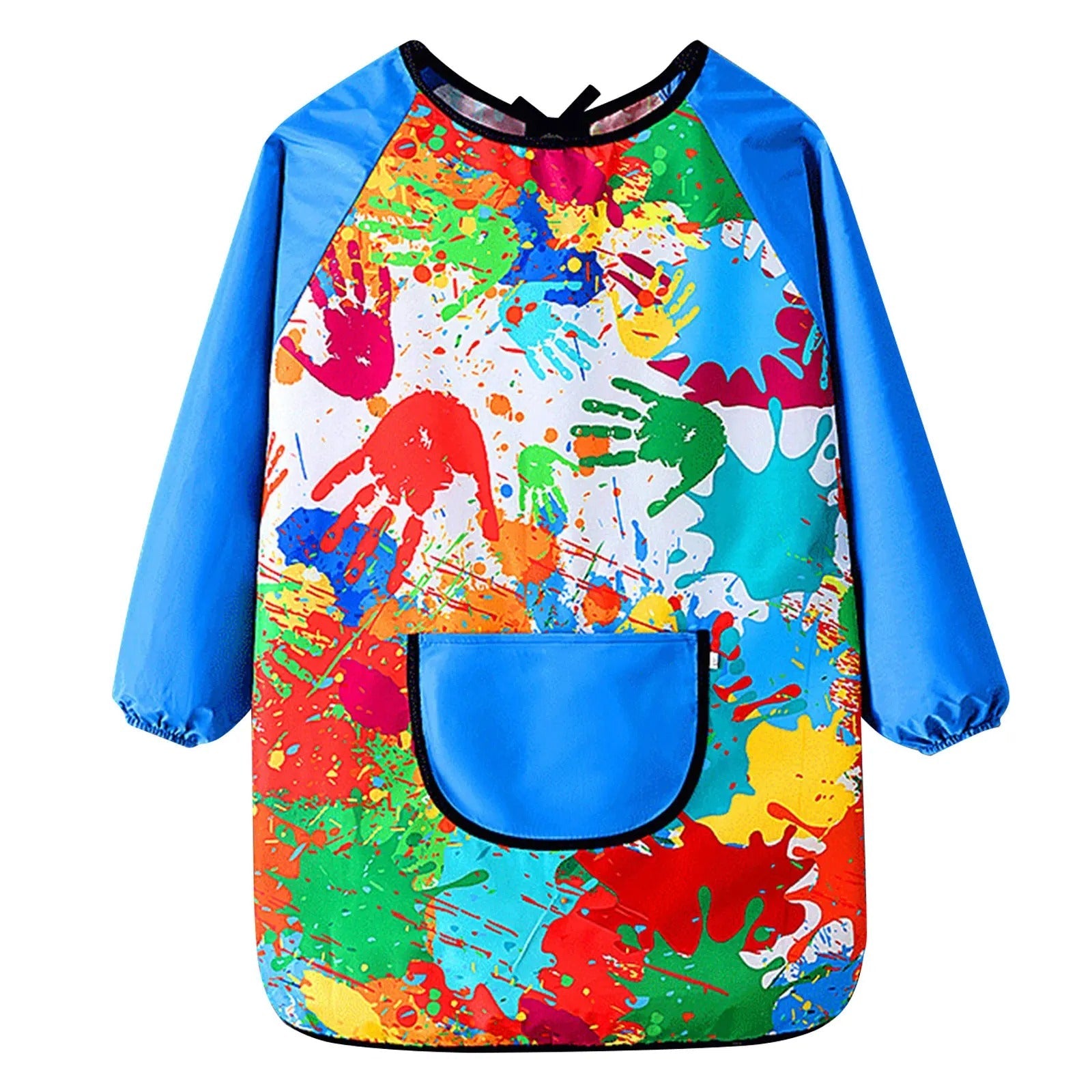 Vanntett langermet kunstmalerforkle for barn, blĂĄtt, sitter ved staffeli, med pensel og maling, beskyttende.