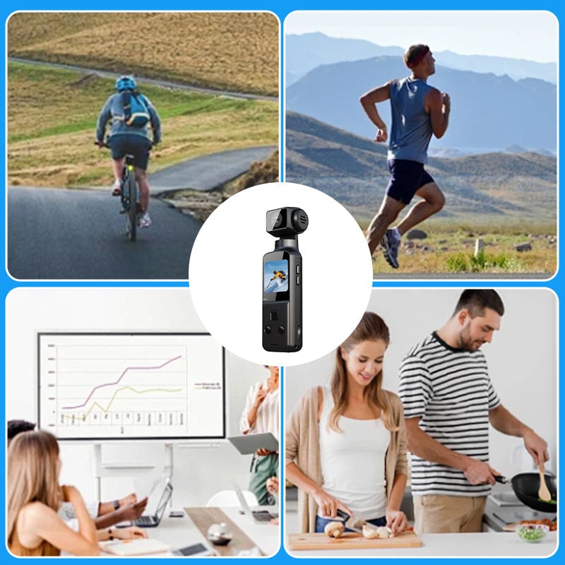 "Vanntett lomme-actionkamera i svart med 4K HD, roterbart stativ for fleksibel bildejustering, perfekt for vannsport."