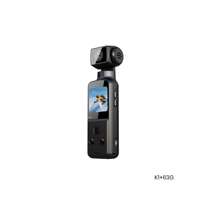 "Vanntett lomme-actionkamera i svart med 4K HD, roterbart stativ for fleksibel bildejustering, perfekt for vannsport."