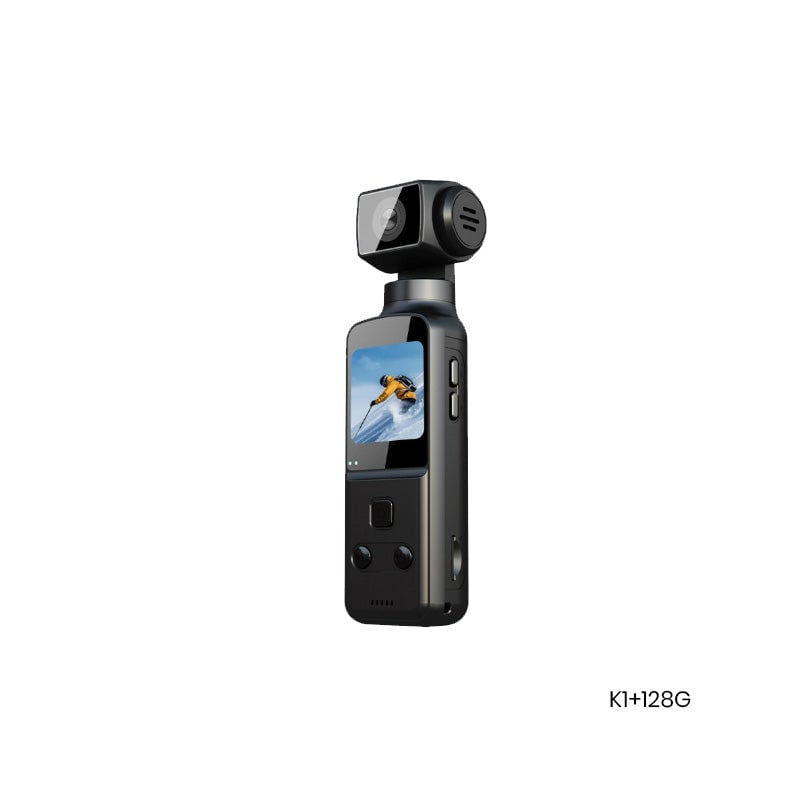 "Vanntett lomme-actionkamera i svart med 4K HD, roterbart stativ for fleksibel bildejustering, perfekt for vannsport."