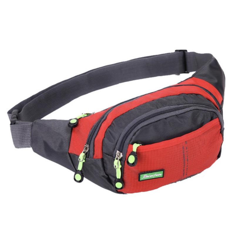 "Vanntett multifunksjonell midje bag i svart nylon, justerbart belte, flere rom, ideell for utendørsaktiviteter."