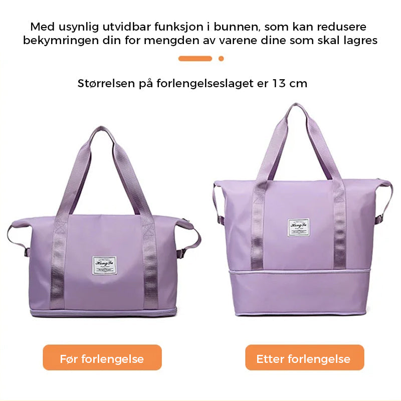 "Vanntett, multifunksjonell reisepose i stilige farger som mørk lilla og grønn, perfekt for organisert reise."