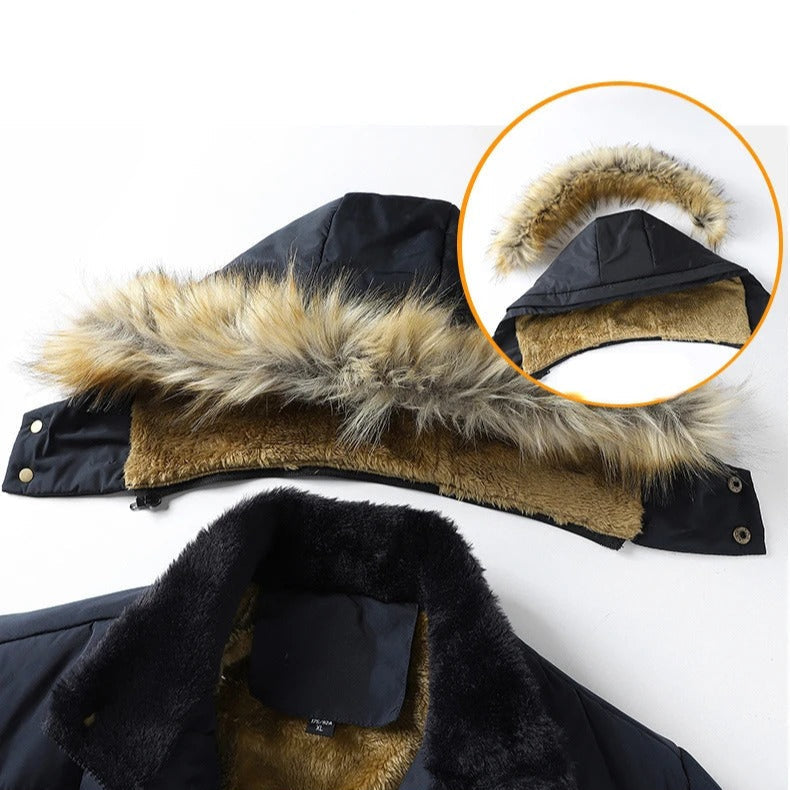 Elegant menns vinterfrakk med stilig krage. Varm jakke, ideell for herremote og vinterklær i kulden.