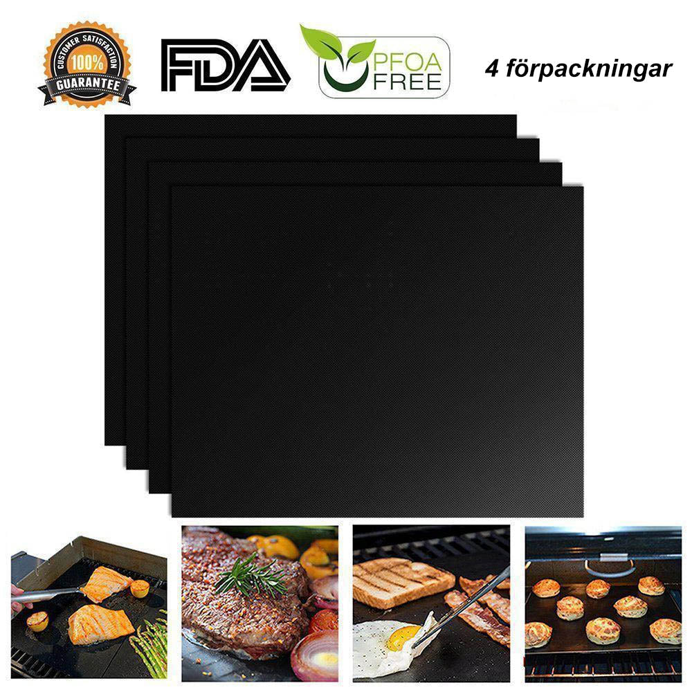 "Varmebestandig BBQ-bakmatte i svart, ikke-stick, på grill med saftig kjøtt, enkel rengjøring, hever grillopplevelsen."
