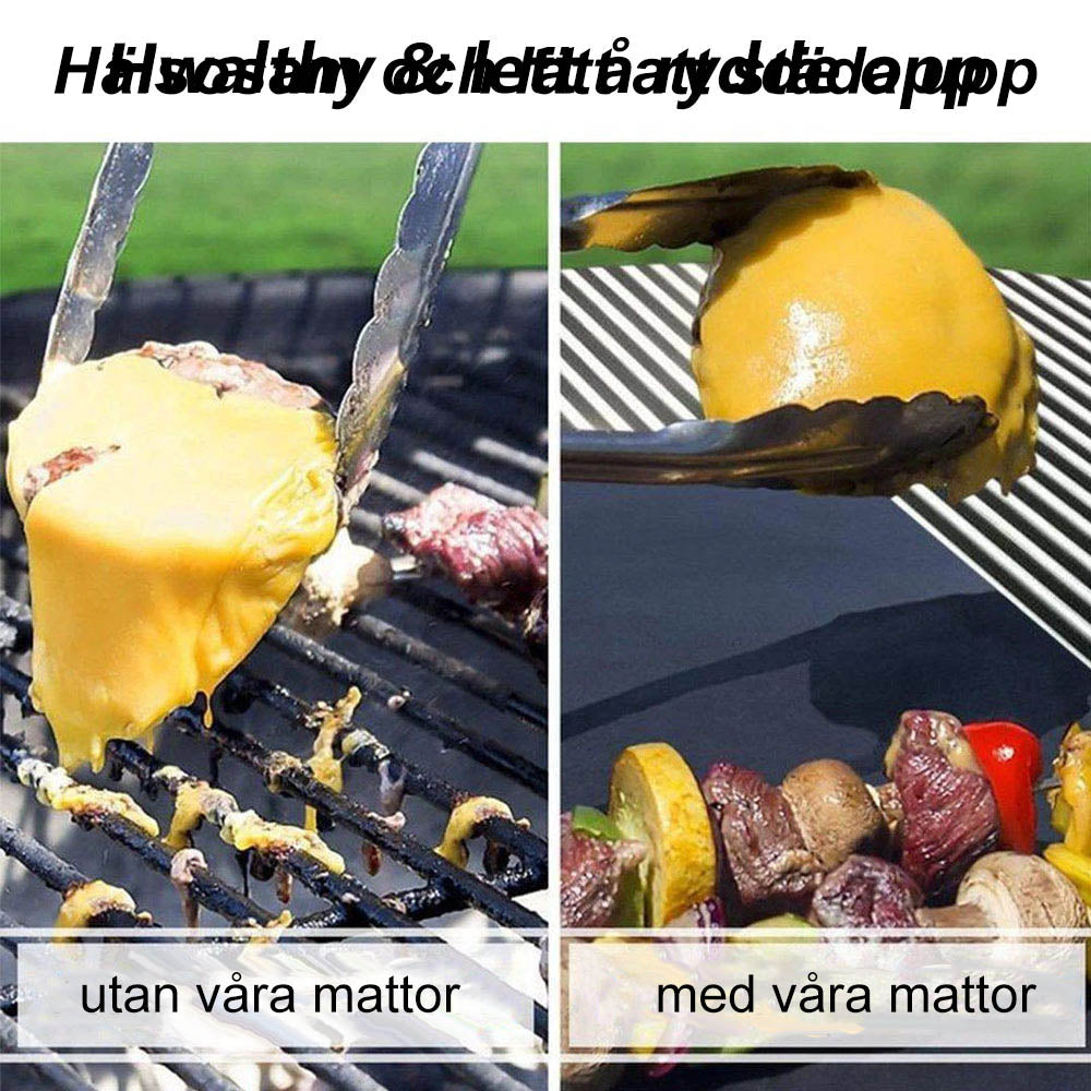 "Varmebestandig BBQ-bakmatte i svart, ikke-stick, på grill med saftig kjøtt, enkel rengjøring, hever grillopplevelsen."