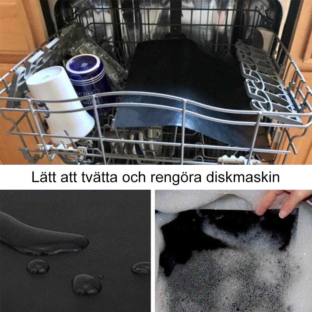 "Varmebestandig BBQ-bakmatte i svart, ikke-stick, på grill med saftig kjøtt, enkel rengjøring, hever grillopplevelsen."
